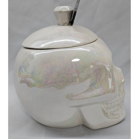 Halloween Decor Iridescent White Ceramic Skull Jar Canister With Lid - Picture 7 of 13